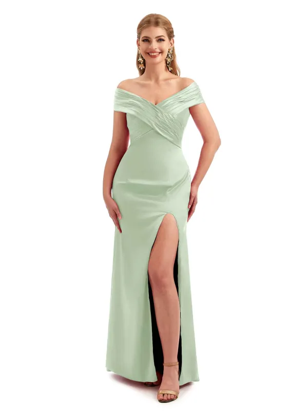 Alluring Boho Bridesmaid Dress Off-Shoulder Crossed Slit Soft Satin sold by ChicSew