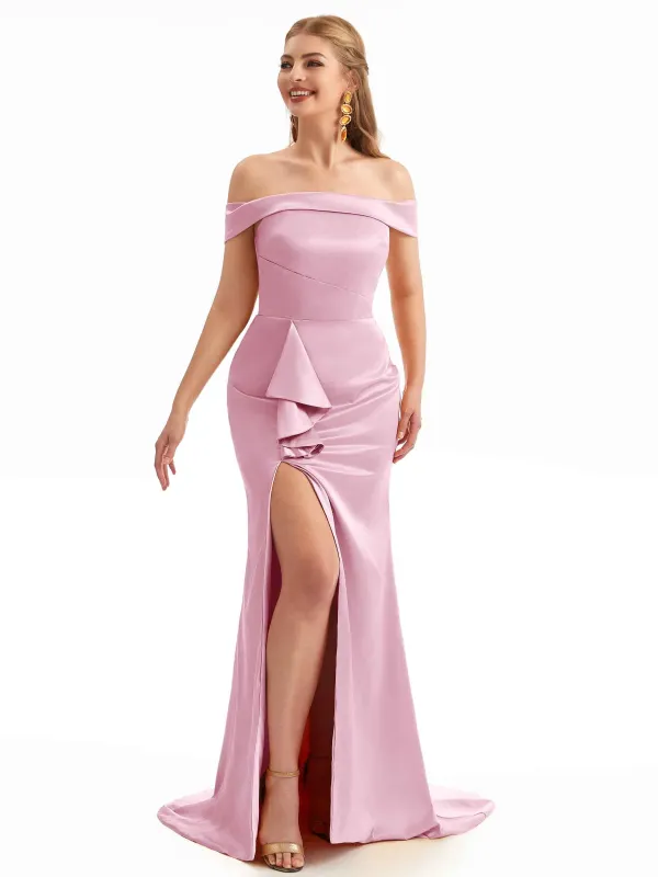 Soft Satin Off-Shoulder Ruffled Slit Boho Bridesmaid Gown sold by ChicSew