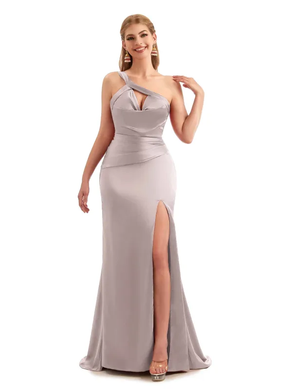 Unique Winter Long One Shoulder Satin Bridesmaid Dresses sold by ChicSew