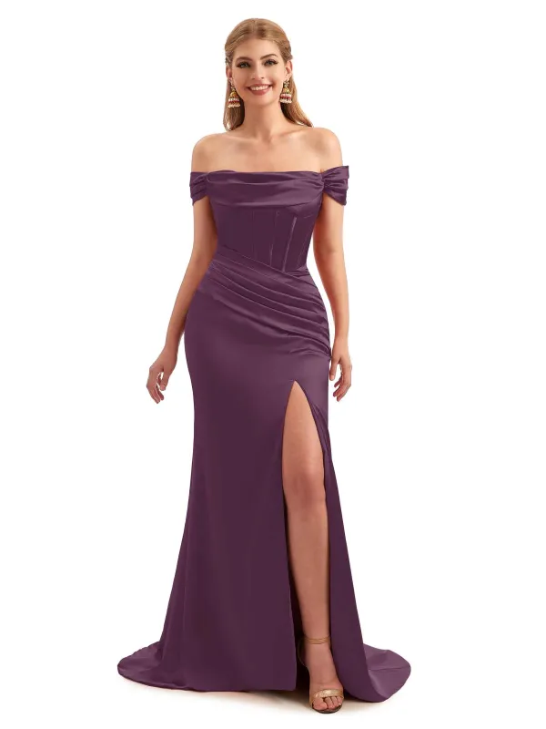 Winter Long Off The Shoulder Satin Bridesmaid Dresses sold by ChicSew