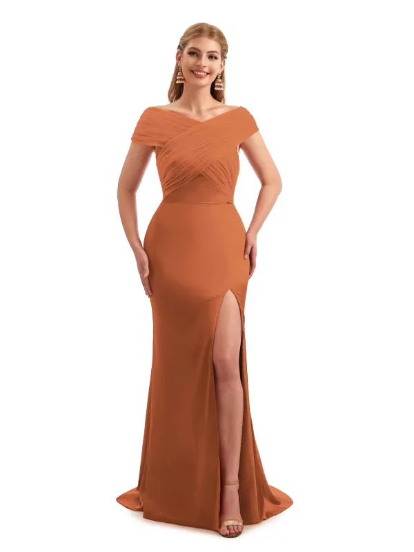 Modern Winter Off The Shoulder Satin Bridesmaid Dresses sold by ChicSew