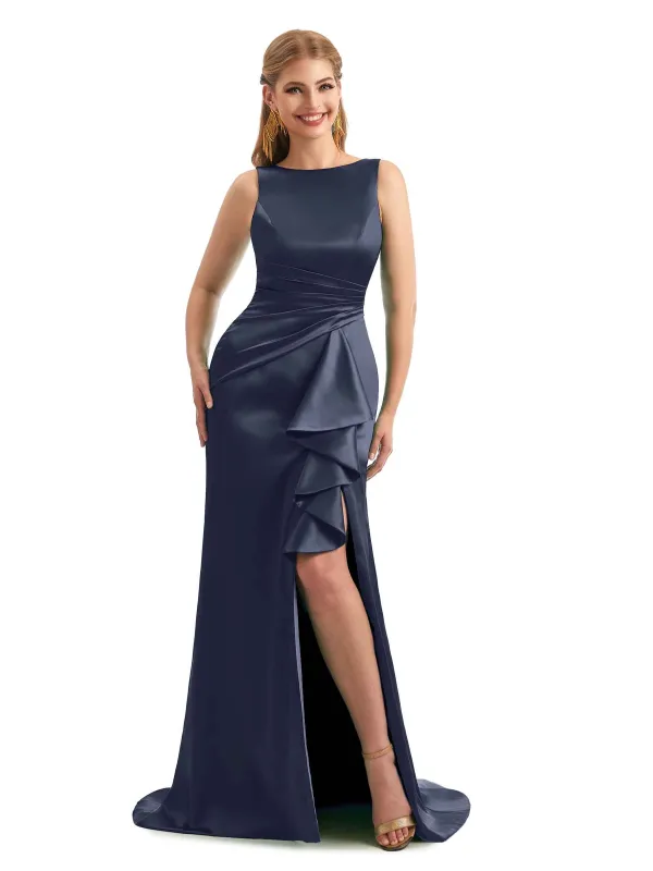 Scoop Ruffles Winter Satin Side Slit Bridesmaid Dresses made by ChicSew