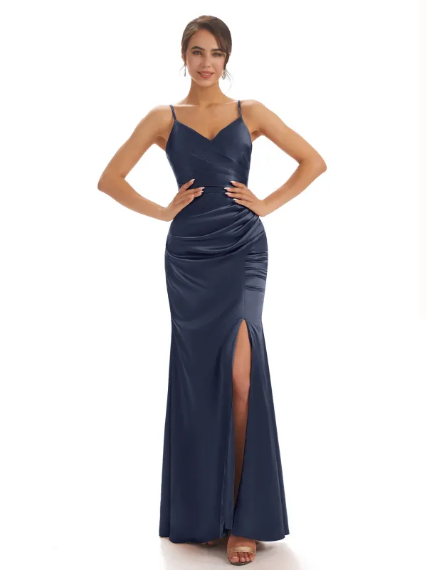 Spaghetti Straps Summer Satin Pleats Long Bridesmaid Dresses sold by ChicSew