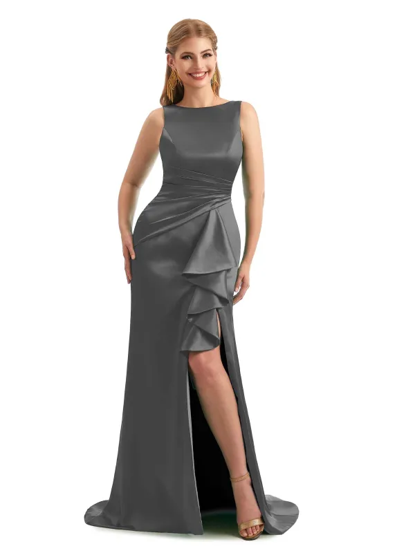 Scoop Ruffles Summer Satin Side Slit Bridesmaid Dresses made by ChicSew