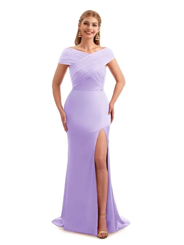 Modern Summer Off The Shoulder Satin Bridesmaid Dresses sold by ChicSew