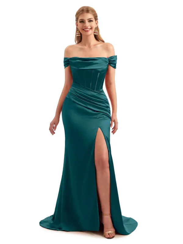 Spring Long Off The Shoulder Satin Bridesmaid Dresses sold by ChicSew