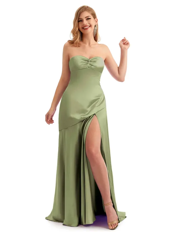 Spring Simple Sweetheart Satin Long Bridesmaid Dresses sold by ChicSew