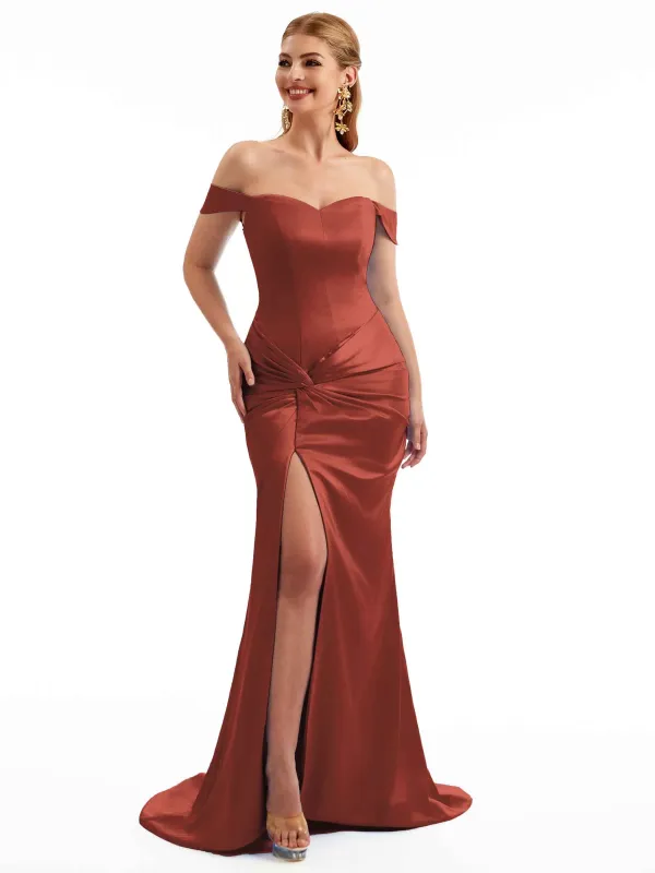 Fall Off The Shoulder Stretchy Satin Bridesmaid Dresses sold by ChicSew