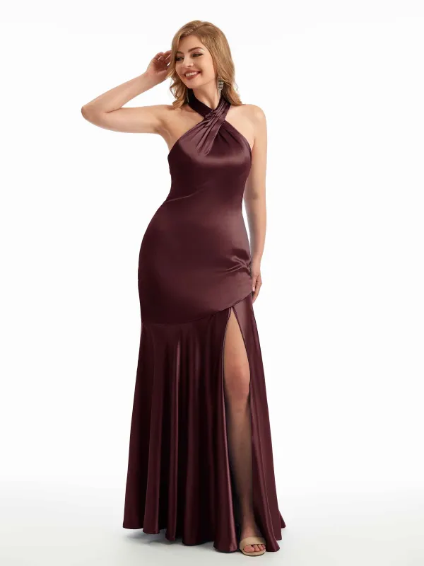 Fall Sexy Halter Ruffles Satin Long Bridesmaid Dresses sold by ChicSew