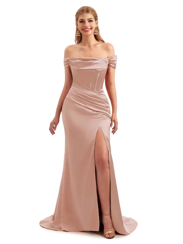 Fall Long Off The Shoulder Satin Bridesmaid Dresses sold by ChicSew
