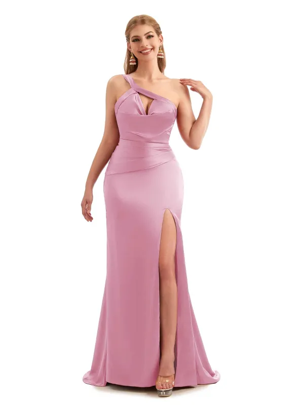 Unique Fall Long One Shoulder Satin Bridesmaid Dresses sold by ChicSew