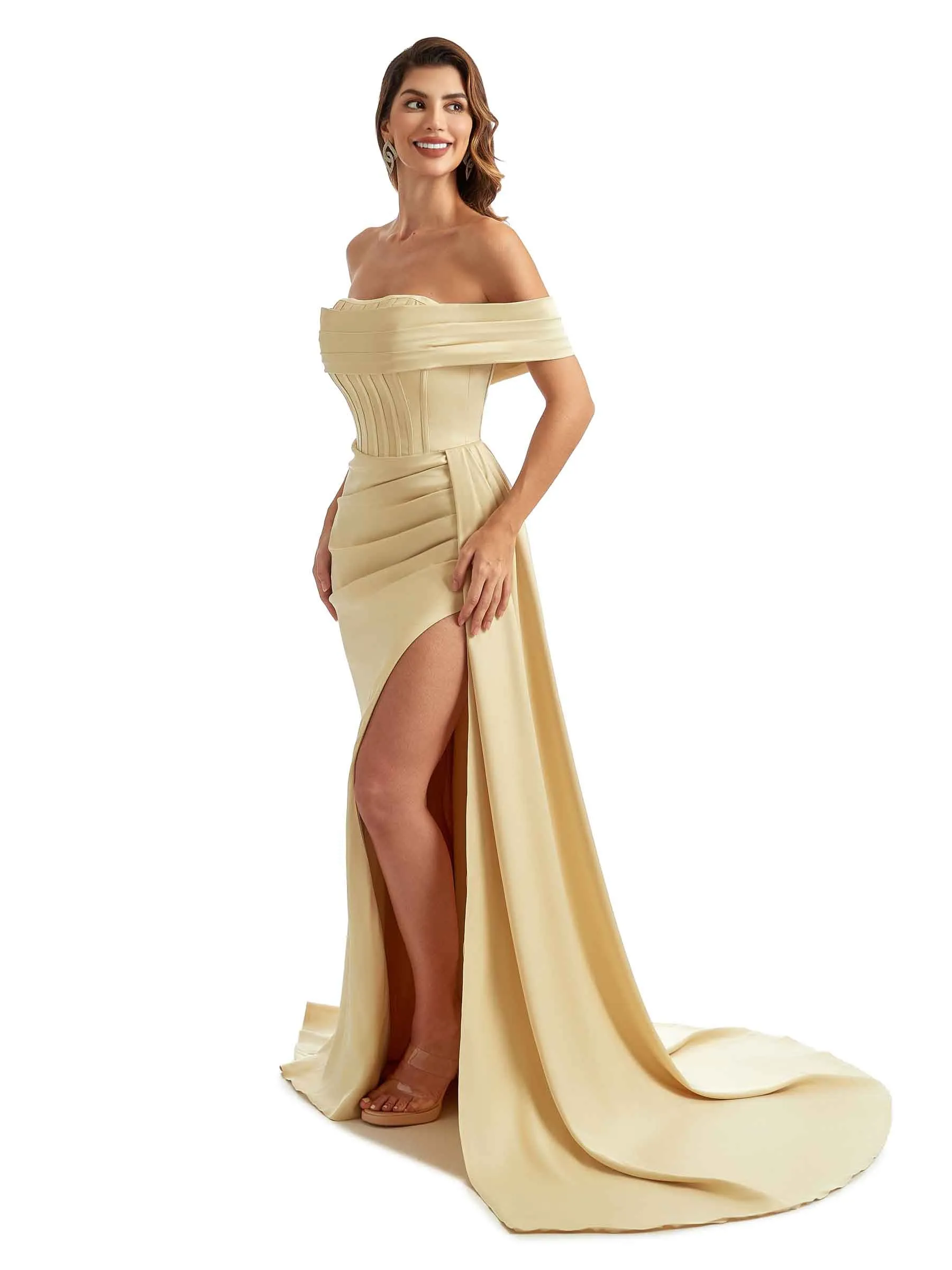 Stretch Satin Off The Shoulder Mermaid Long Pretty Long Bridesmaid Dresses With Slit sold by ChicSew product image thumbnail 4