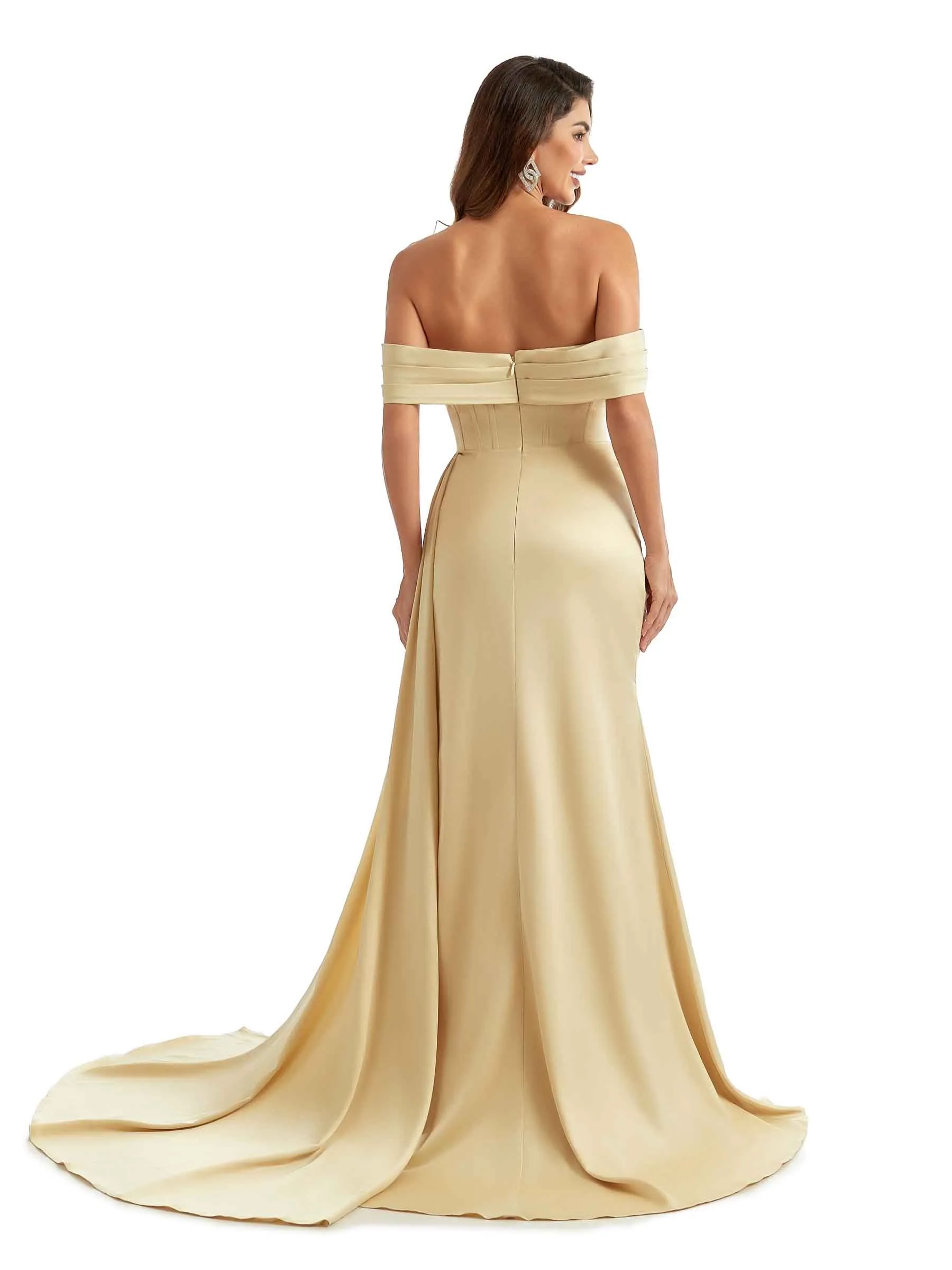 Stretch Satin Off The Shoulder Mermaid Long Pretty Long Bridesmaid Dresses With Slit sold by ChicSew product image thumbnail 3