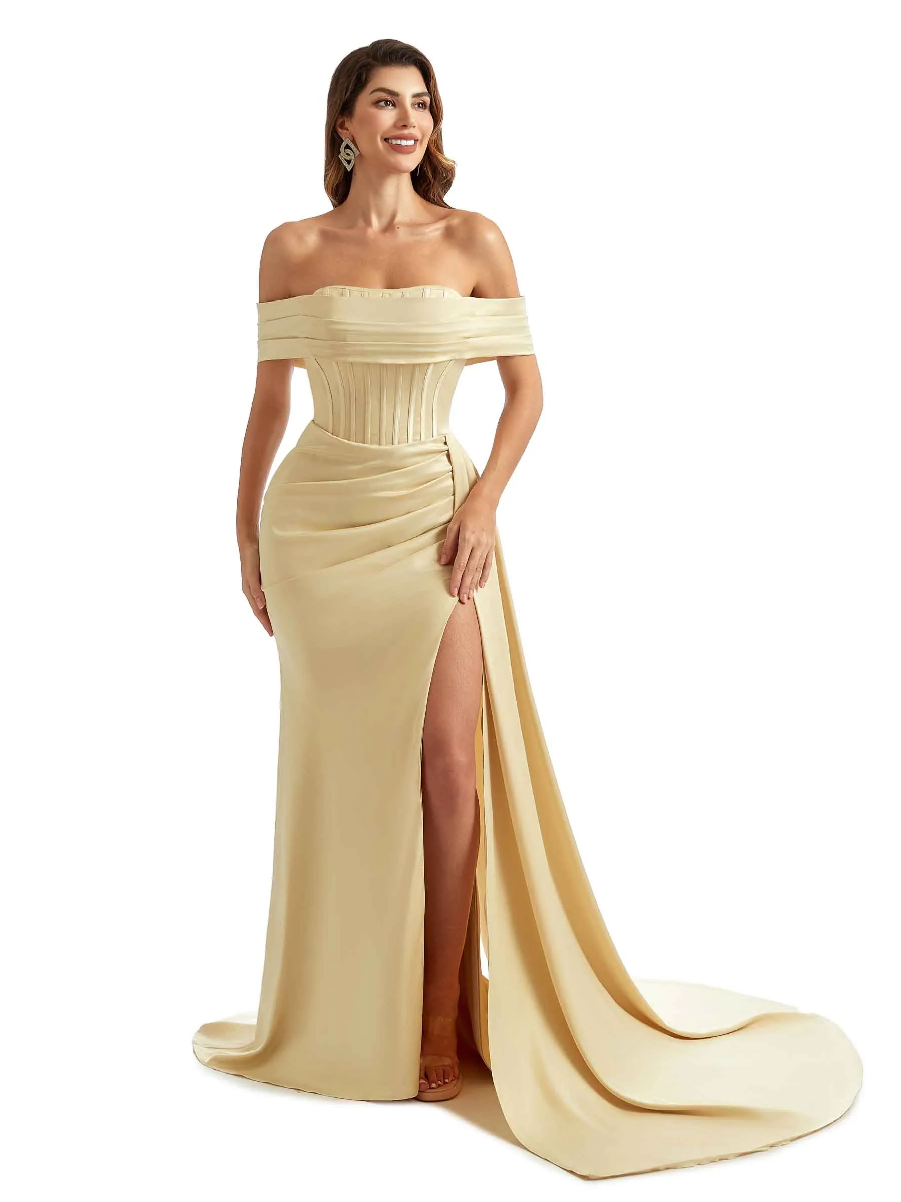 Stretch Satin Off The Shoulder Mermaid Long Pretty Long Bridesmaid Dresses With Slit sold by ChicSew product image thumbnail 5