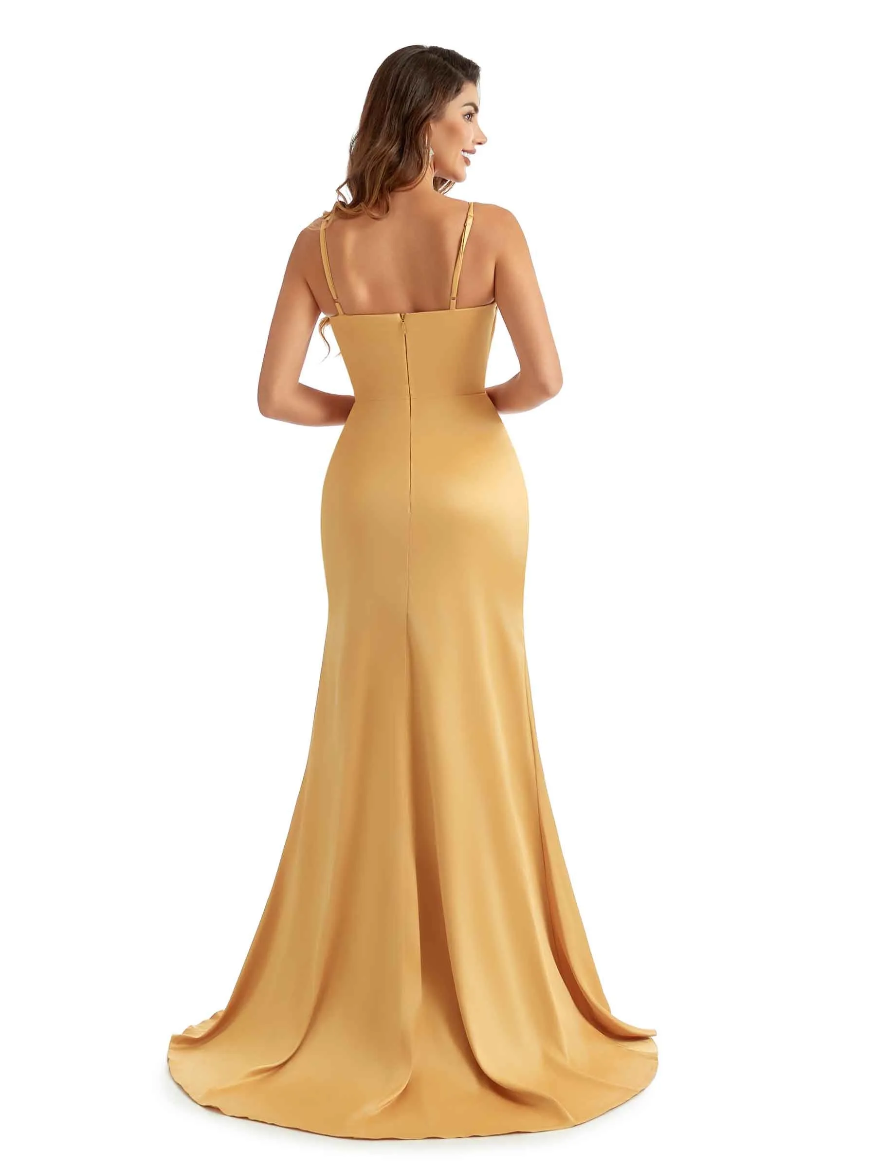 Sexy Side Split Soft Satin Spaghetti Straps Mermaid Bridesmaid Dresses Online sold by ChicSew product image thumbnail 3