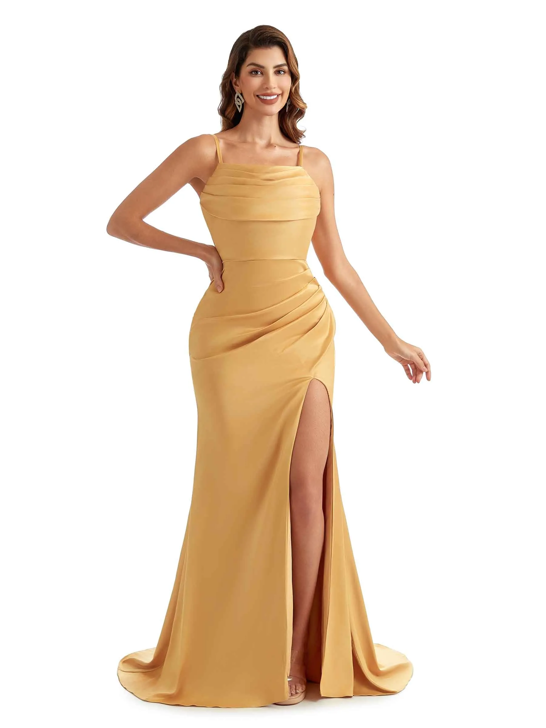 Sexy Side Split Soft Satin Spaghetti Straps Mermaid Bridesmaid Dresses Online sold by ChicSew product image thumbnail 5