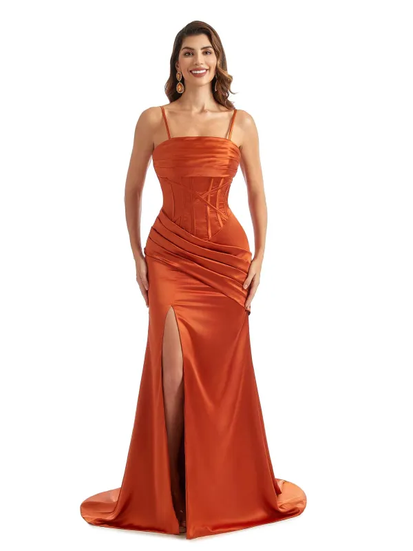 Sexy Side Split Spaghetti Straps Mermaid Unique Satin Maxi Bridesmaid Dresses made by ChicSew