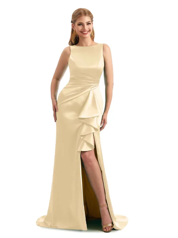 Scoop Ruffles Champagne Satin Side Slit Bridesmaid Dresses sold by ChicSew