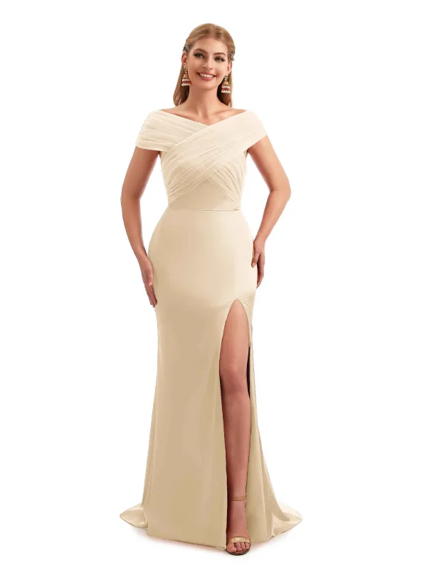Modern Champagne Off The Shoulder Satin Bridesmaid Dresses sold by ChicSew