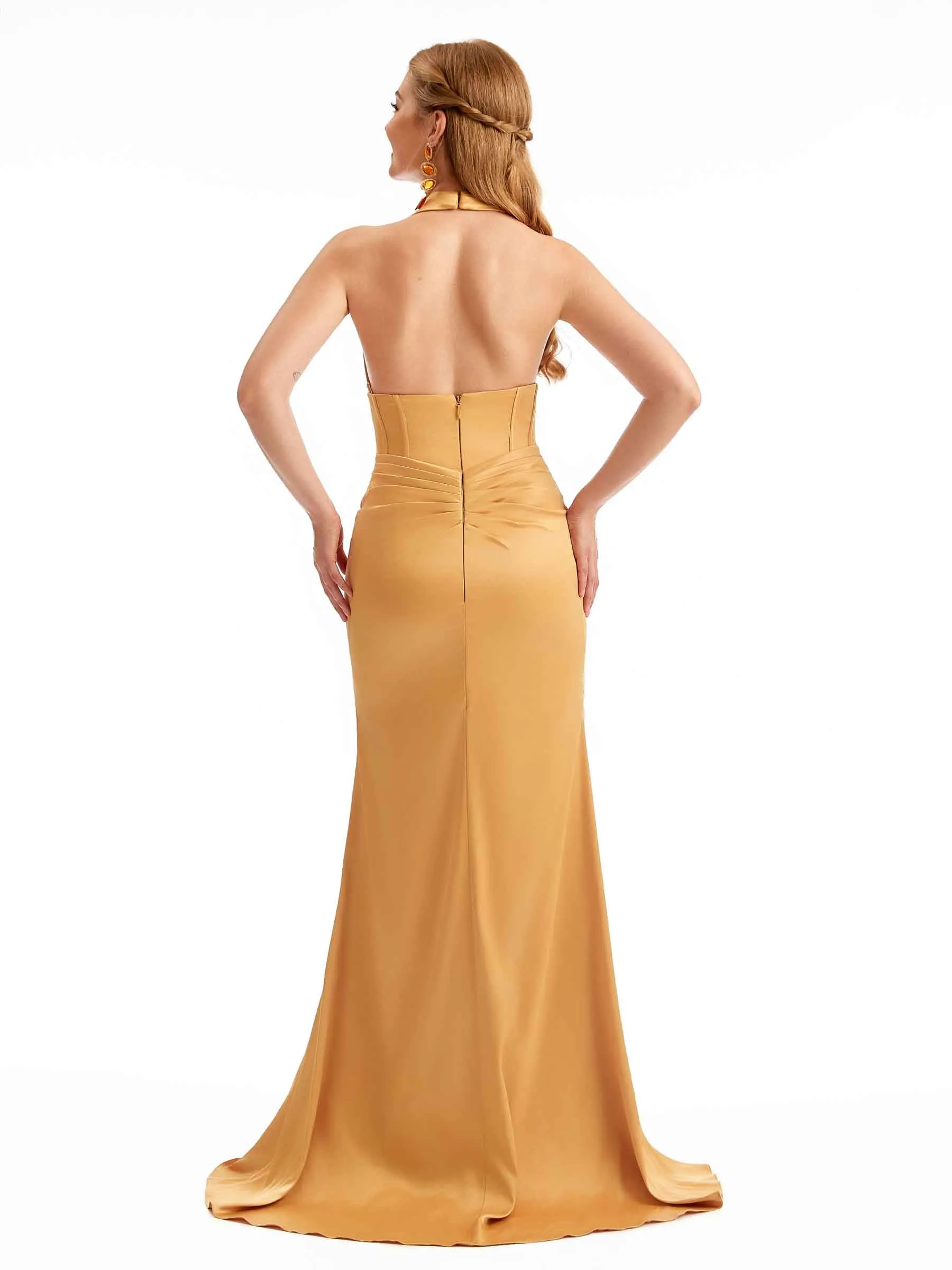 Satin Halter Champagne V-neck Bridesmaid Dresses sold by ChicSew product image thumbnail 4