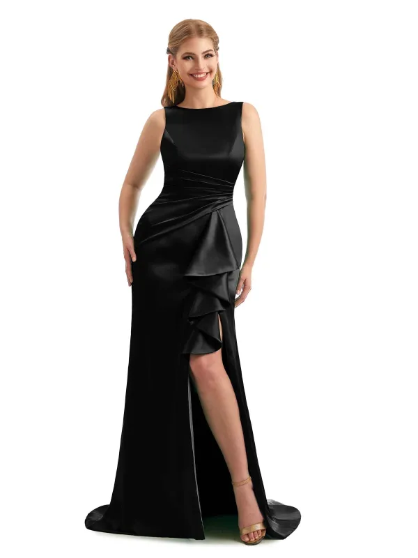 Scoop Ruffles Black Satin Side Slit Bridesmaid Dresses made by ChicSew
