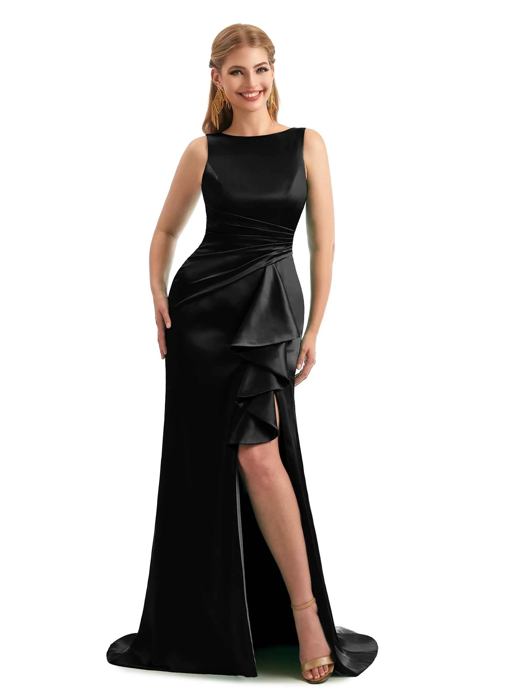 Scoop Ruffles Black Satin Side Slit Bridesmaid Dresses sold by ChicSew