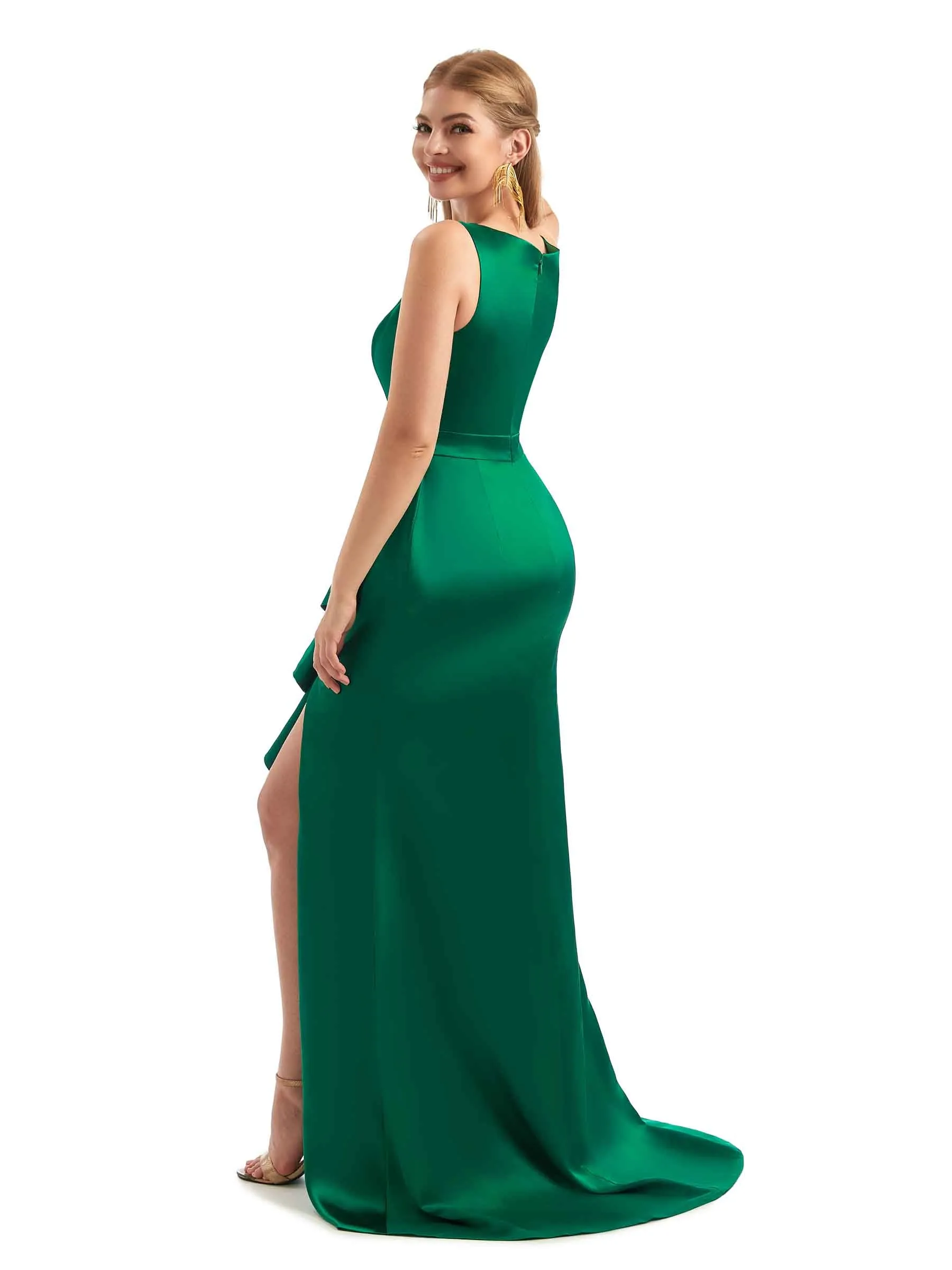 Scoop Ruffles Black Satin Side Slit Bridesmaid Dresses sold by ChicSew product image thumbnail 5