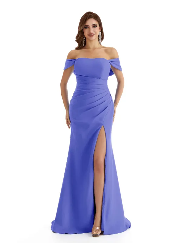 Sexy Off The Shoulder Mermaid Side Split Stretchy Crepe Long Formal Bridesmaid Dresses sold by ChicSew