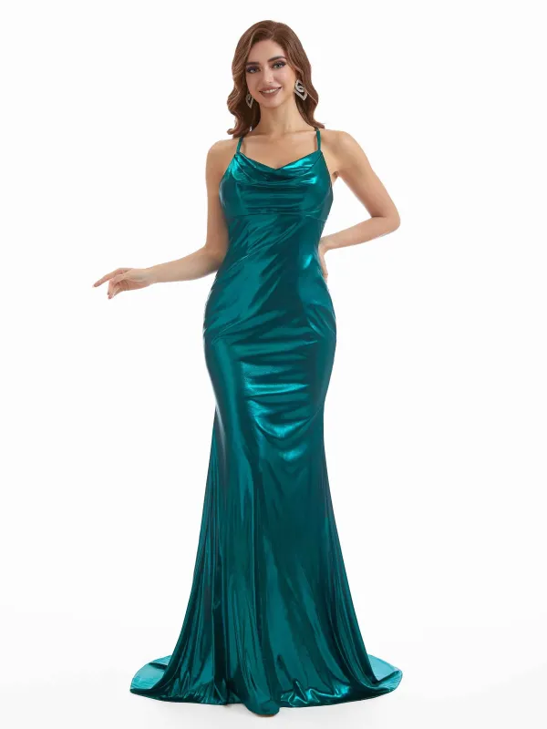 Sexy Mermaid Cowl Women Formal Liquid Metallic Maxi Dresses Online made by ChicSew