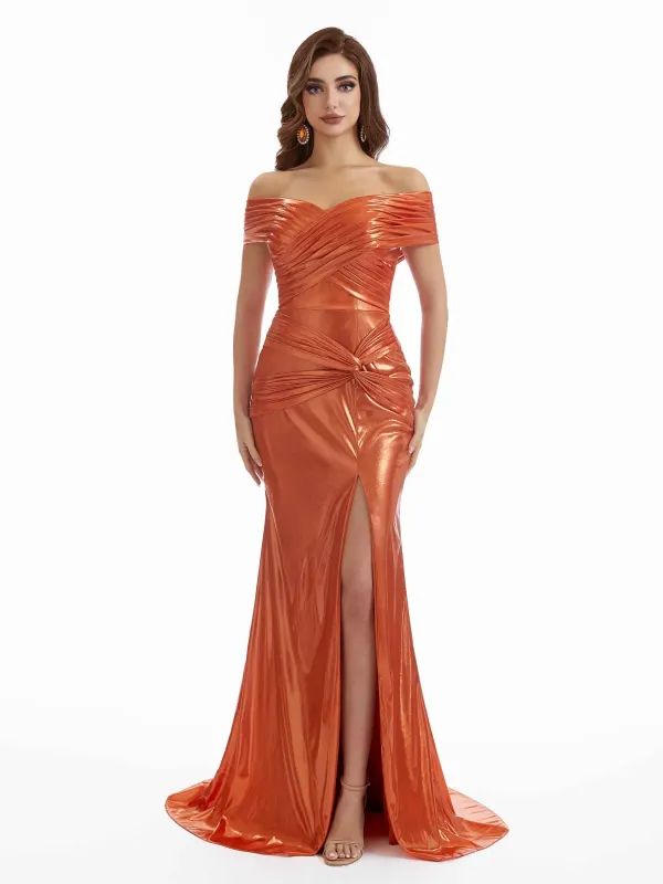 Sexy Mermaid Off The Shoulder Side Split Pleated Metallic Long Dresses Online sold by ChicSew