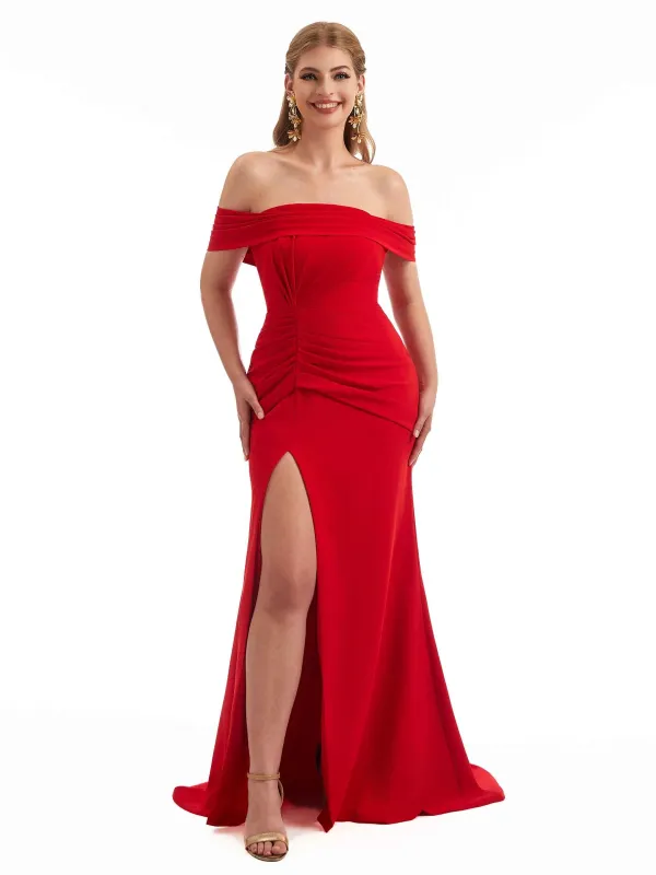 Sexy Mermaid Side Split Off The Shoulder Stretch Crepe Long Bridesmaid Dresses sold by ChicSew