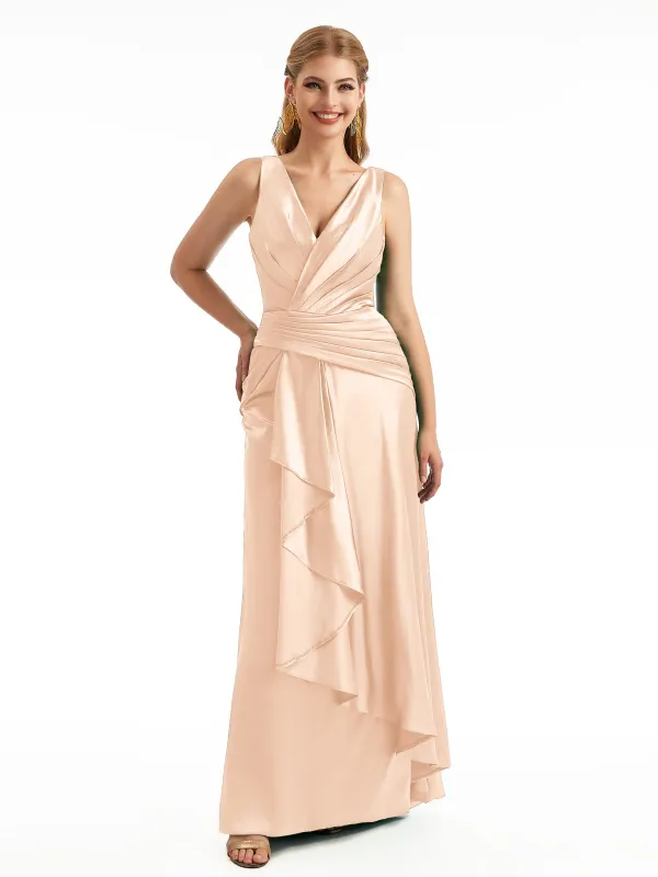 V-Neck Ruffles Long Bridesmaid Dress Soft Satin made by ChicSew