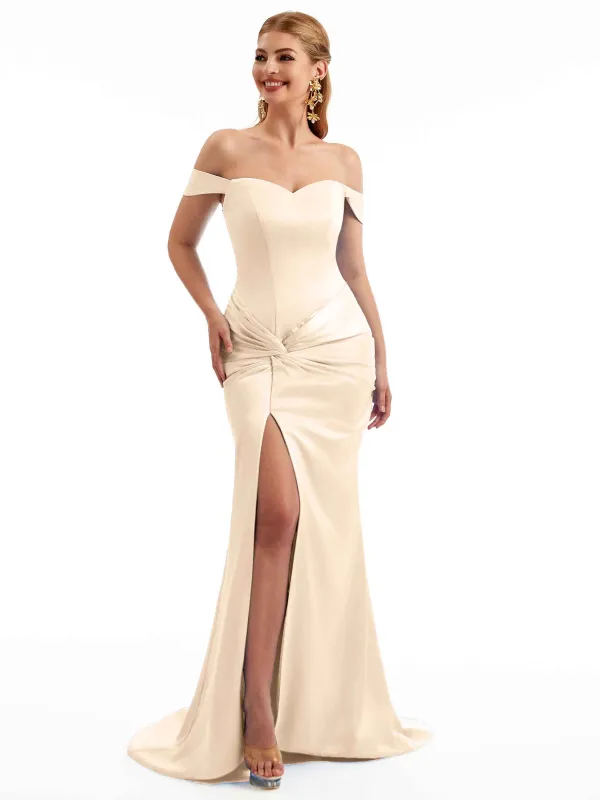 Sleeveless Off Shoulder Stretch Satin Floor Length Bridesmaid Gown sold by ChicSew