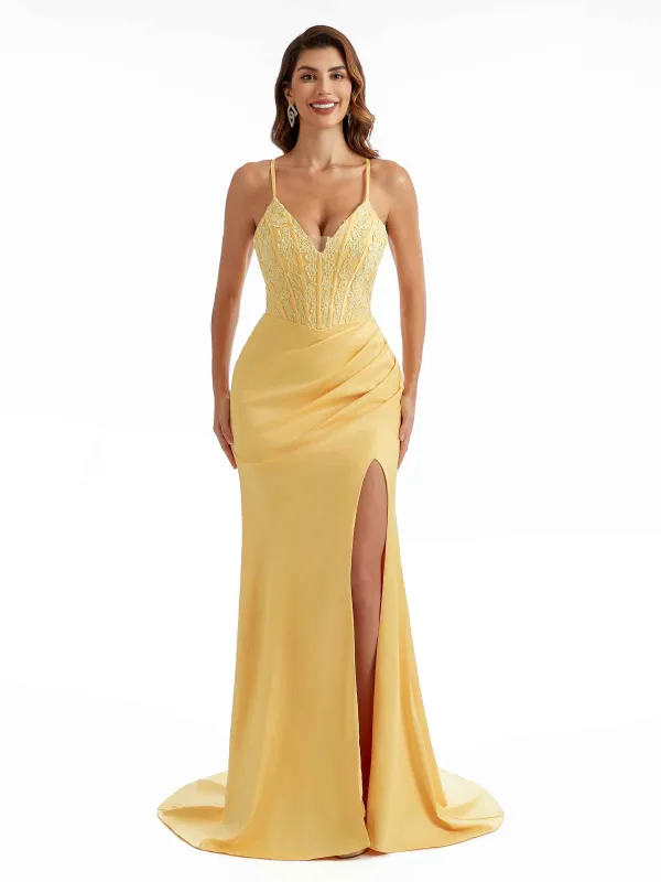 Sexy Side Split Stretchy Satin Lace Top Trendy Maxi Mermaid Bridesmaid Dresses Online made by ChicSew
