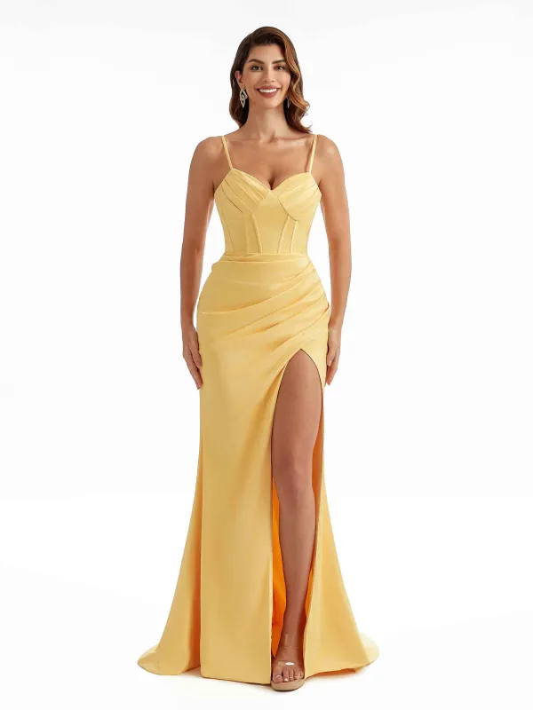 Sexy Side Split Stretchy Satin Spaghetti Straps Pleats Maxi Mermaid Bridesmaid Dresses sold by ChicSew