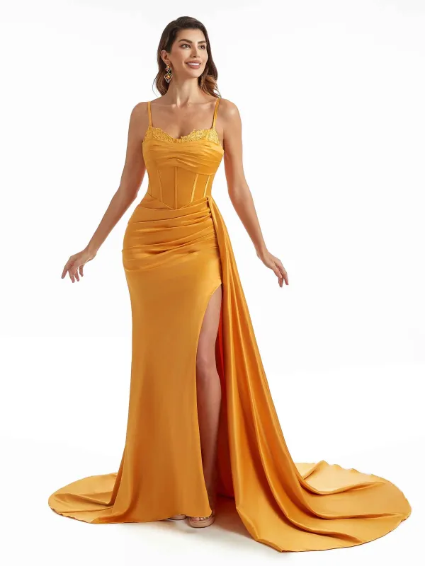 Elegant Side Split Spaghetti Straps Long Chic Satin Mermaid Bridesmaid Dresses Online sold by ChicSew