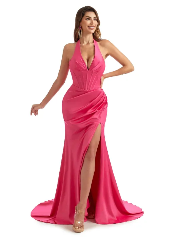 Sexy Side Slit Halter V-Neck Mermaid Trendy Satin Long Bridesmaid Dresses Online made by ChicSew
