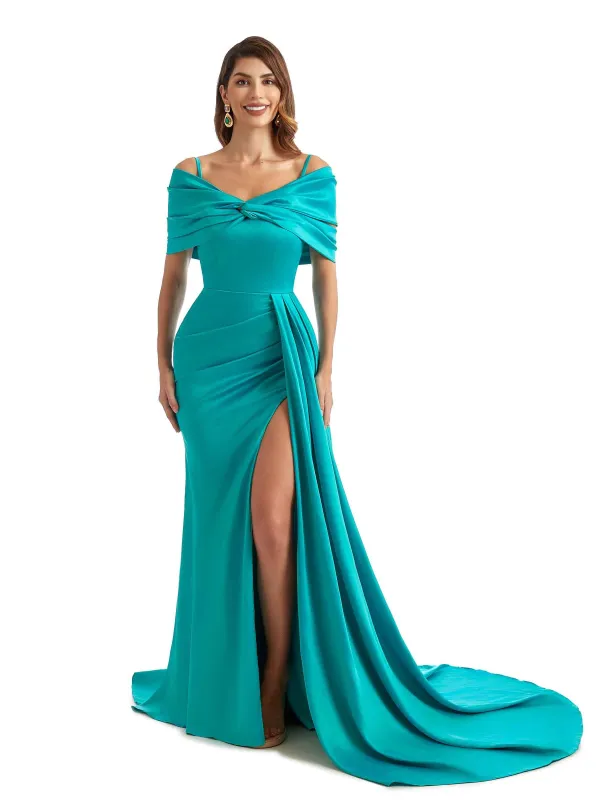 Chic Mermaid Cold Shoulder Side Split Long Satin Formal Bridesmaid Dresses Online sold by ChicSew