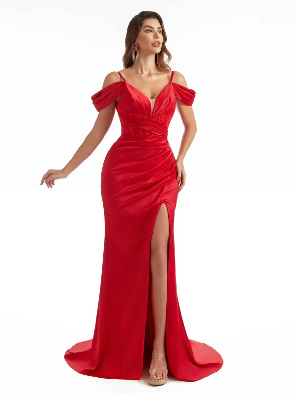 Cold Shoulder Sexy Side Slit Mermaid Satin Maxi Bridesmaid Dresses Online sold by ChicSew