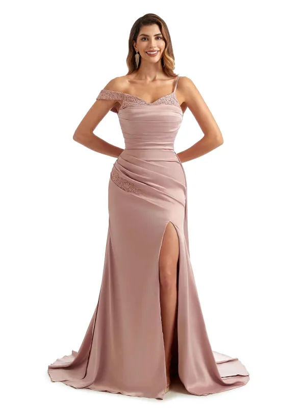 Sexy Side Split Asymmetric Long Satin Lace Chic Bridesmaid Dresses Styles sold by ChicSew