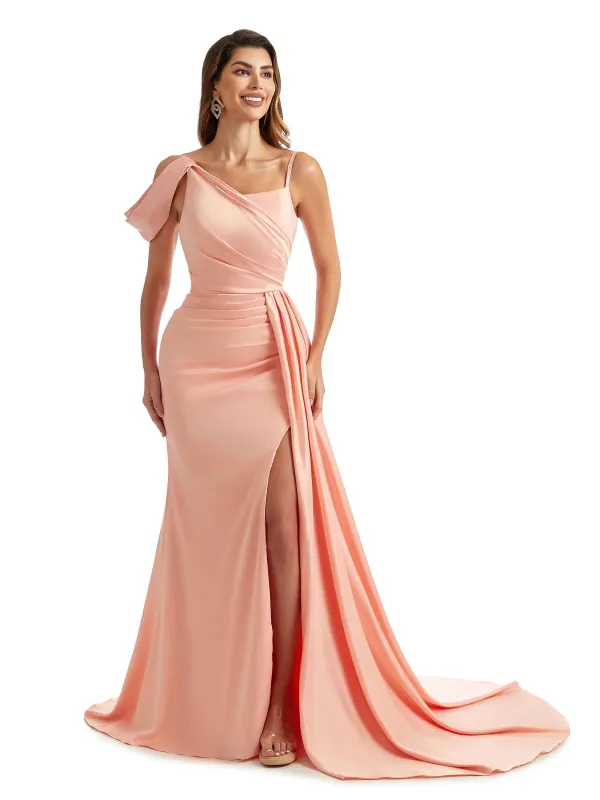 Sexy Side Split Asymmetric Long Satin Boho Formal Bridesmaid Dresses Online sold by ChicSew