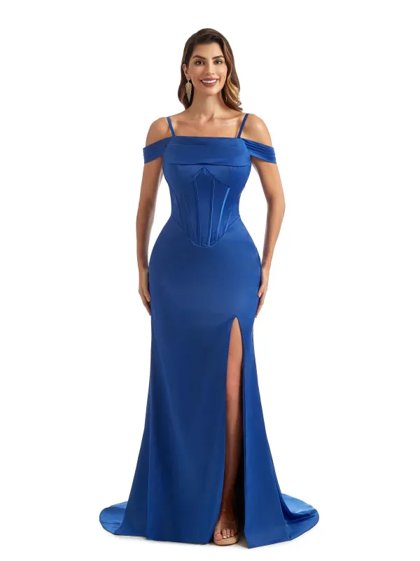 Sexy Side Split Cold Shoulder Long Mermaid Satin Gown For Bridesmaid Online sold by ChicSew