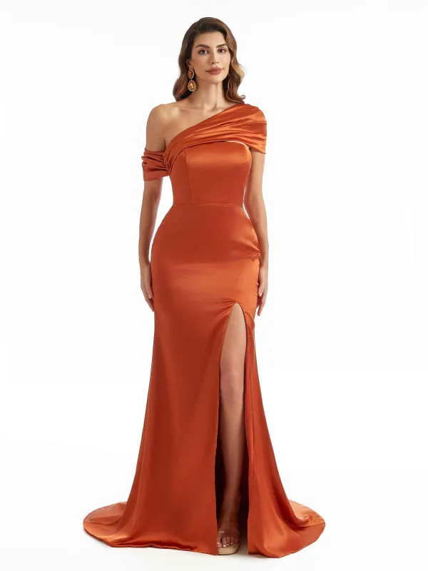 Sexy One Shoulder Asymmetric Long Satin Unique Formal Bridesmaid Gowns Online sold by ChicSew