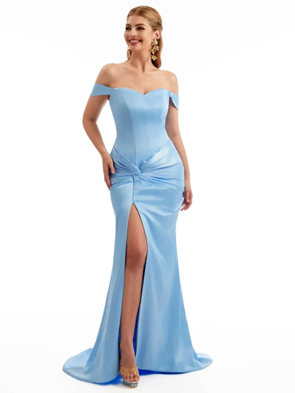Off The Shoulder Stretch Satin Dresses For Bridesmaids Online Sexy Side Split sold by ChicSew
