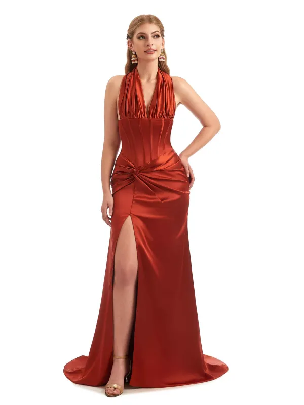 Sexy Side Slit Halter Mermaid Silky Satin Unique Long Boho Chic Bridesmaid Dresses sold by ChicSew
