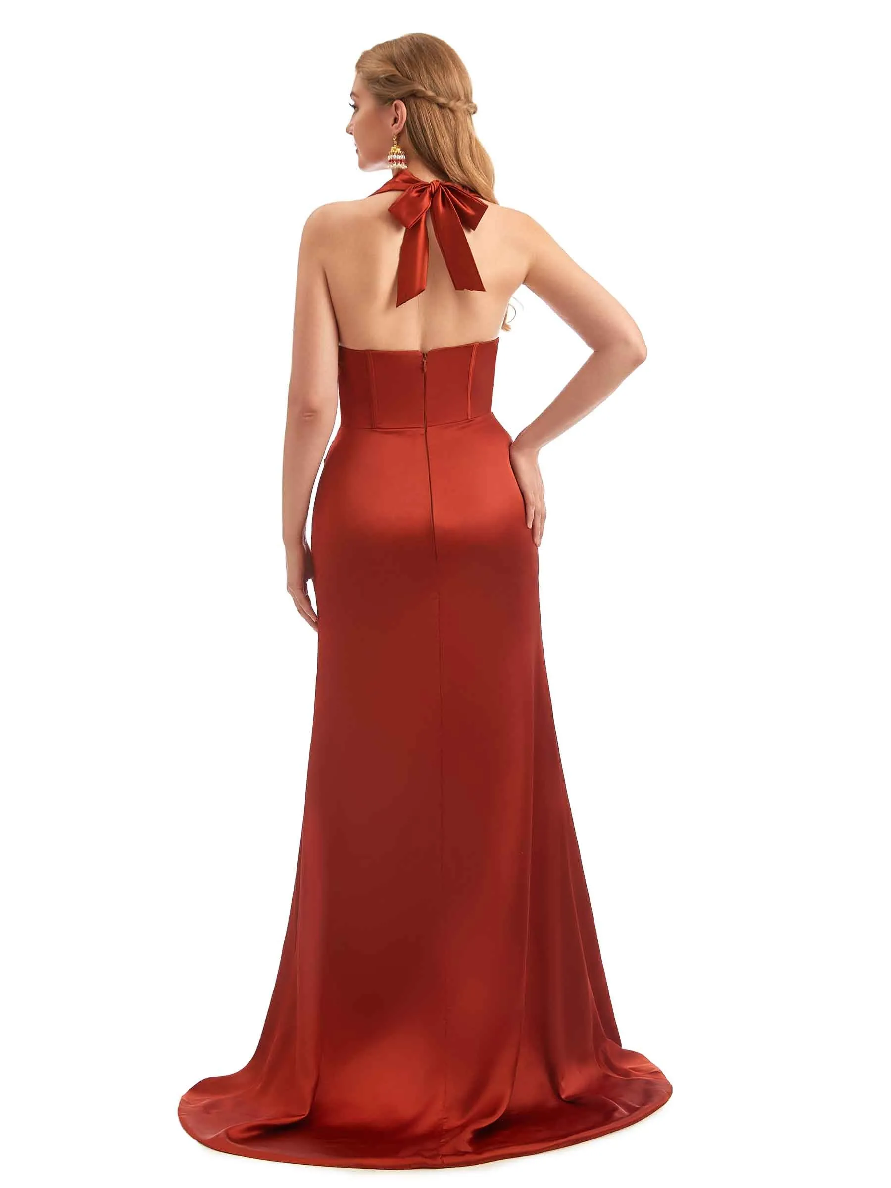 Sexy Side Slit Halter Mermaid Silky Satin Unique Long Boho Chic Bridesmaid Dresses sold by ChicSew product image thumbnail 4