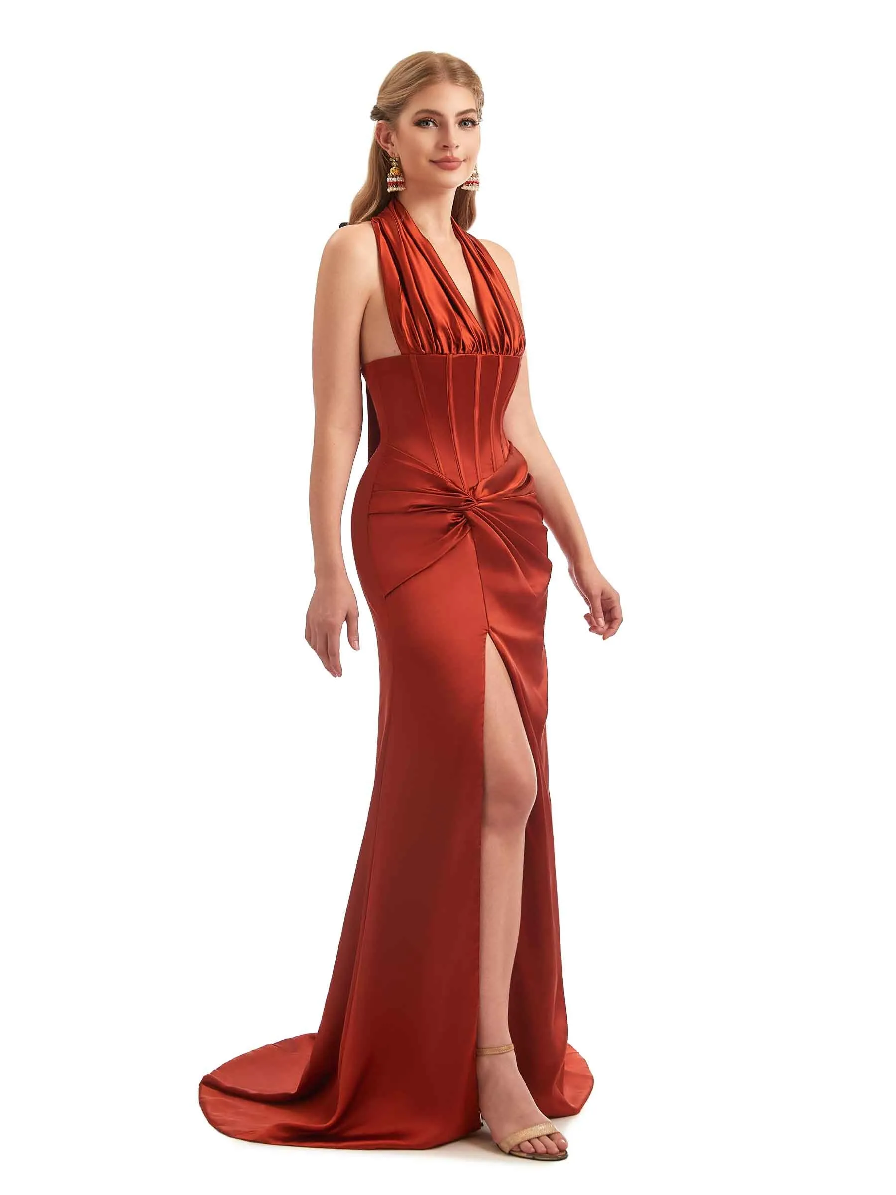Sexy Side Slit Halter Mermaid Silky Satin Unique Long Boho Chic Bridesmaid Dresses sold by ChicSew product image thumbnail 3