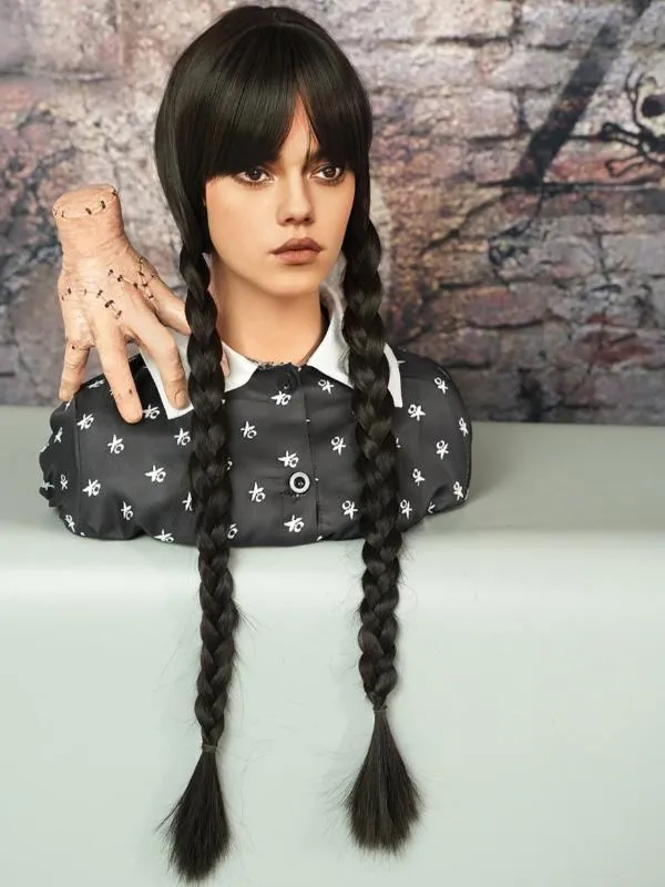 Wednesday Addams Wig Braided Black Wigs With Bangs for Halloween Party Costume Natural Hair for Cosplay made by ChicSew