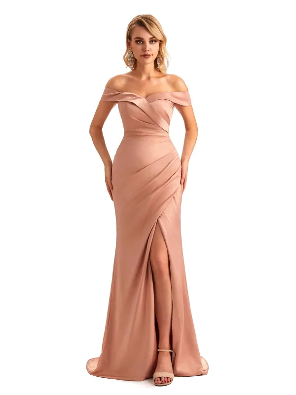 Off Shoulder Side Slit Mermaid Silky Satin Unique Long Formal Wedding Guest Dresses Online sold by ChicSew