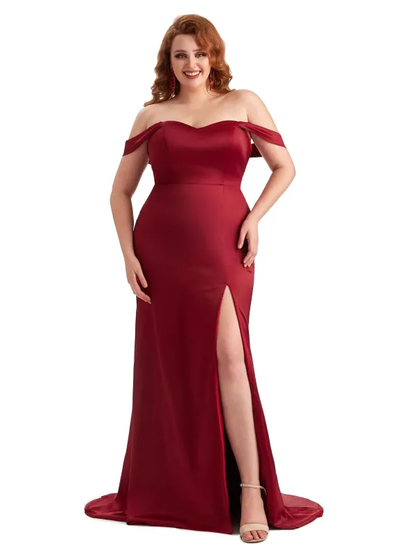 Simple Side Slit Off The Shoulder Mermaid Soft Satin Long Plus Size Maid of Honor Dresses sold by ChicSew